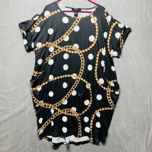 Midnight Velvet‎ Black White Polka Dot Gold Chain Print Tunic Dress Size S